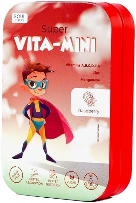 SOUL NUTRITIONS Kids' Super Vita-Mini Strips - Essential Vitamins & Minerals, Raspberry Flavor, Vegan, Sugar-Free, 30 Pack