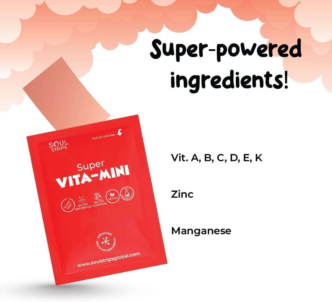 SOUL NUTRITIONS Super Vita-Mini Kids' Essential Vitamins & Minerals Raspberry Strips - Zero Sugar, 100% Vegan, 30 Pack