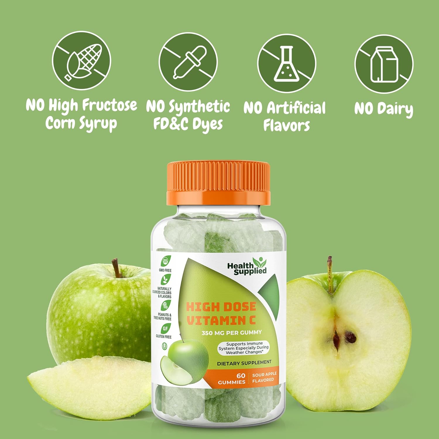 Sour Apple Health Supplied Vitamins - 60 Count Pack for Daily Wellness and Immune Support