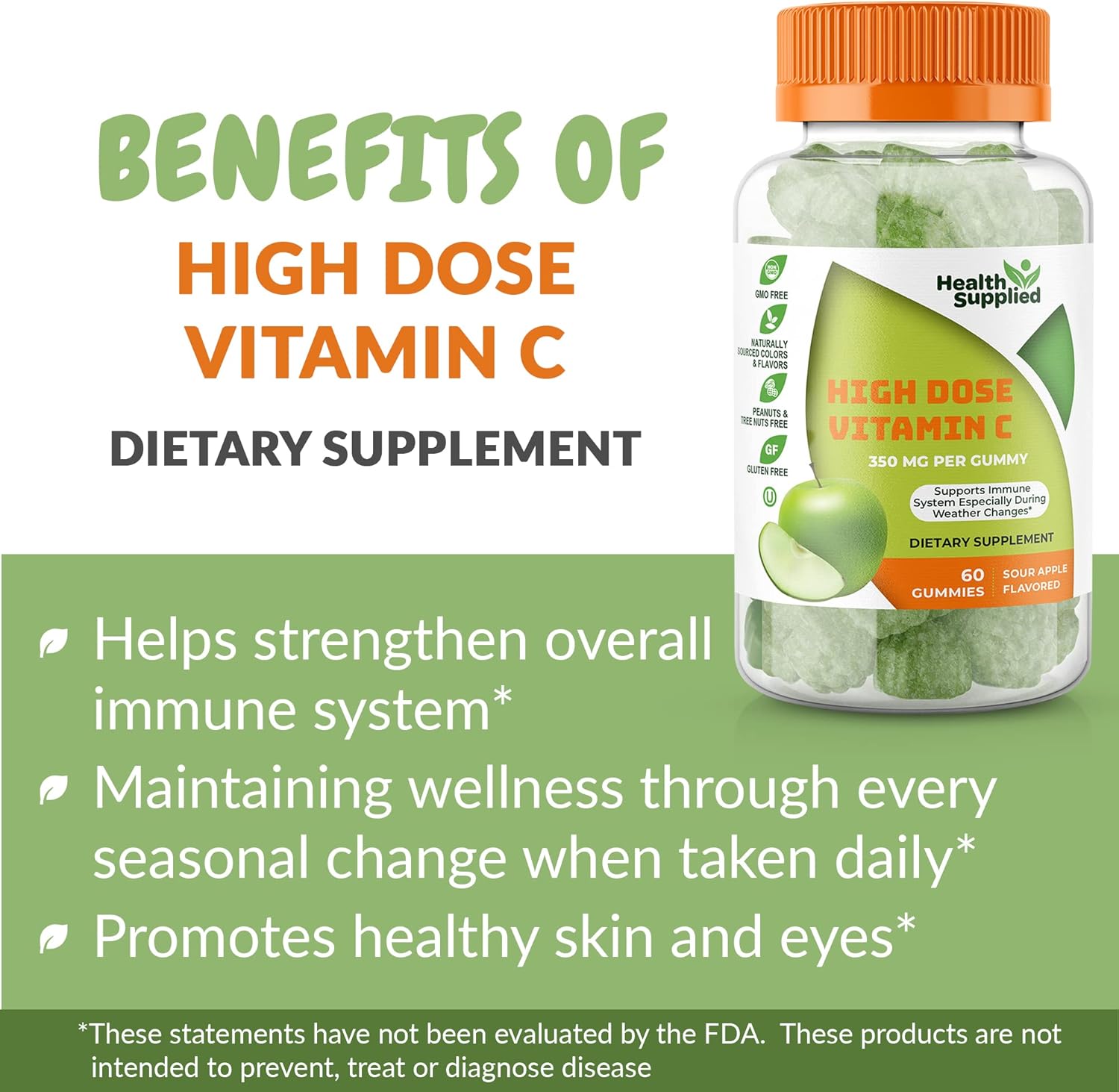 Sour Apple Health Supplied Vitamins - 60 Count Pack for Daily Wellness and Immune Support