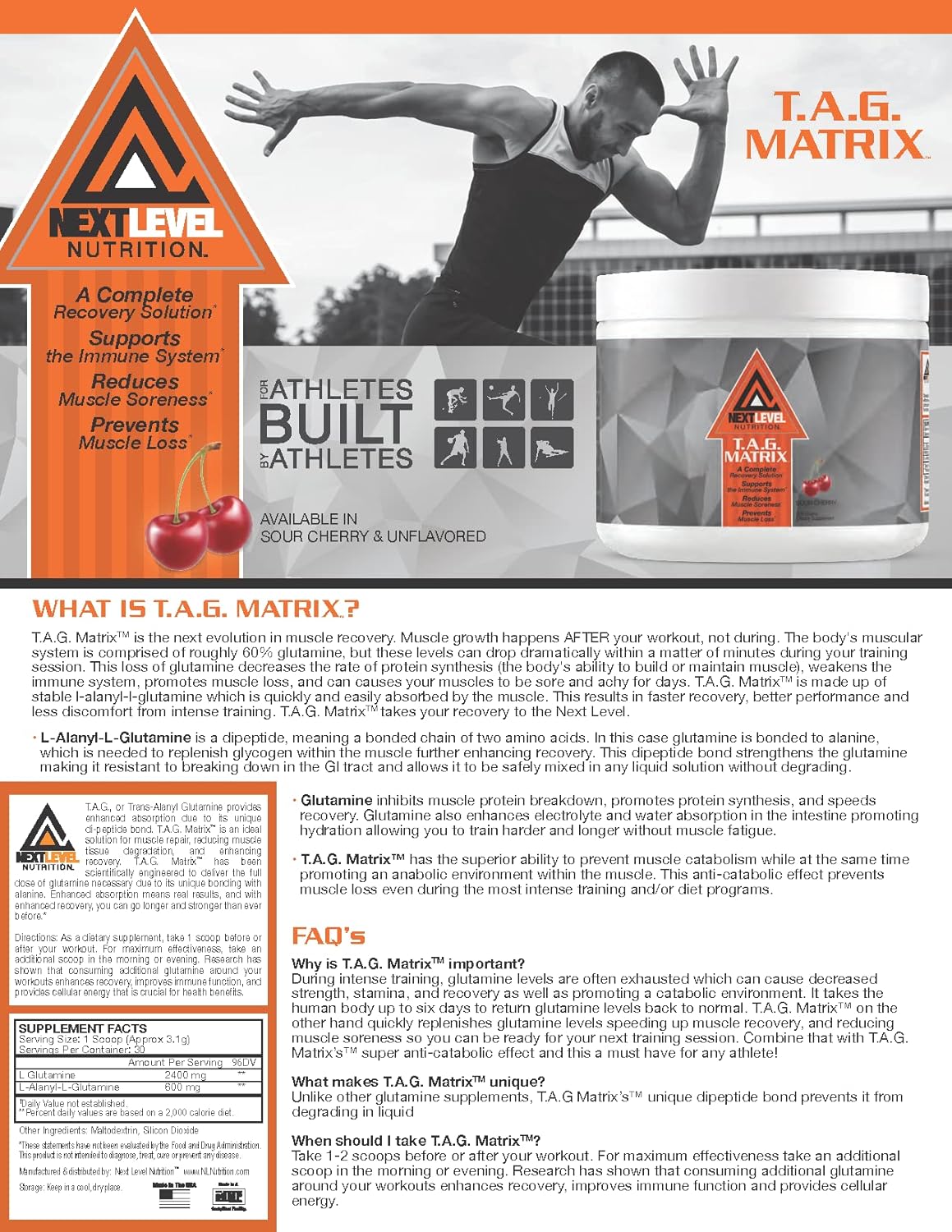 Sour Cherry Glutamine Intra Workout Recovery Powder - Next Level Nutrition TAG Matrix, 30 Servings