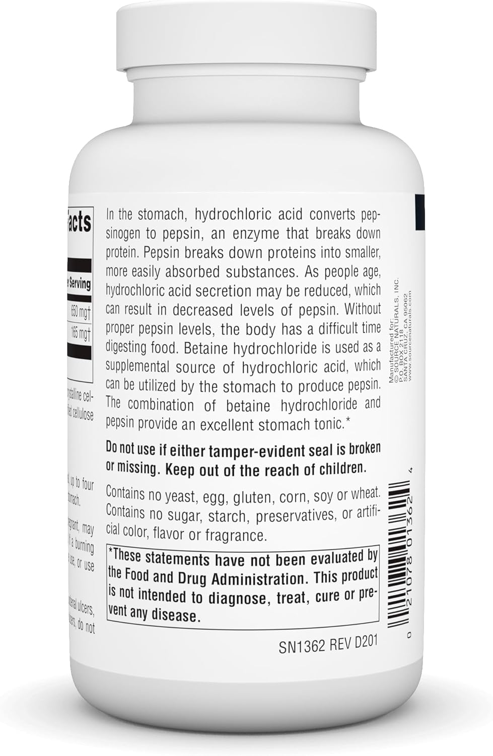 Source Naturals Betaine HCl 650mg - 180 Tablets for Digestive Health
