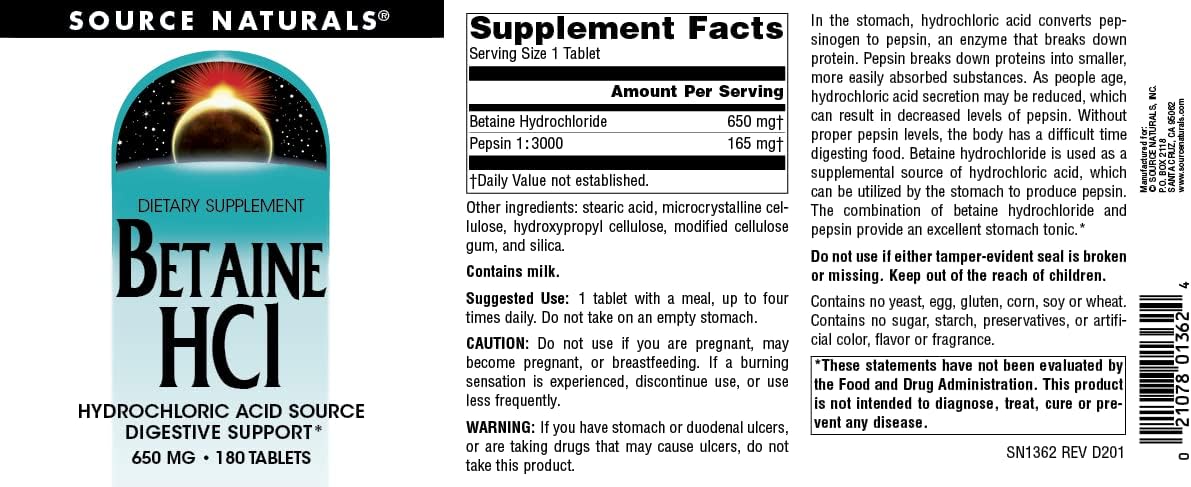 Source Naturals Betaine HCl 650mg - 180 Tablets for Digestive Health
