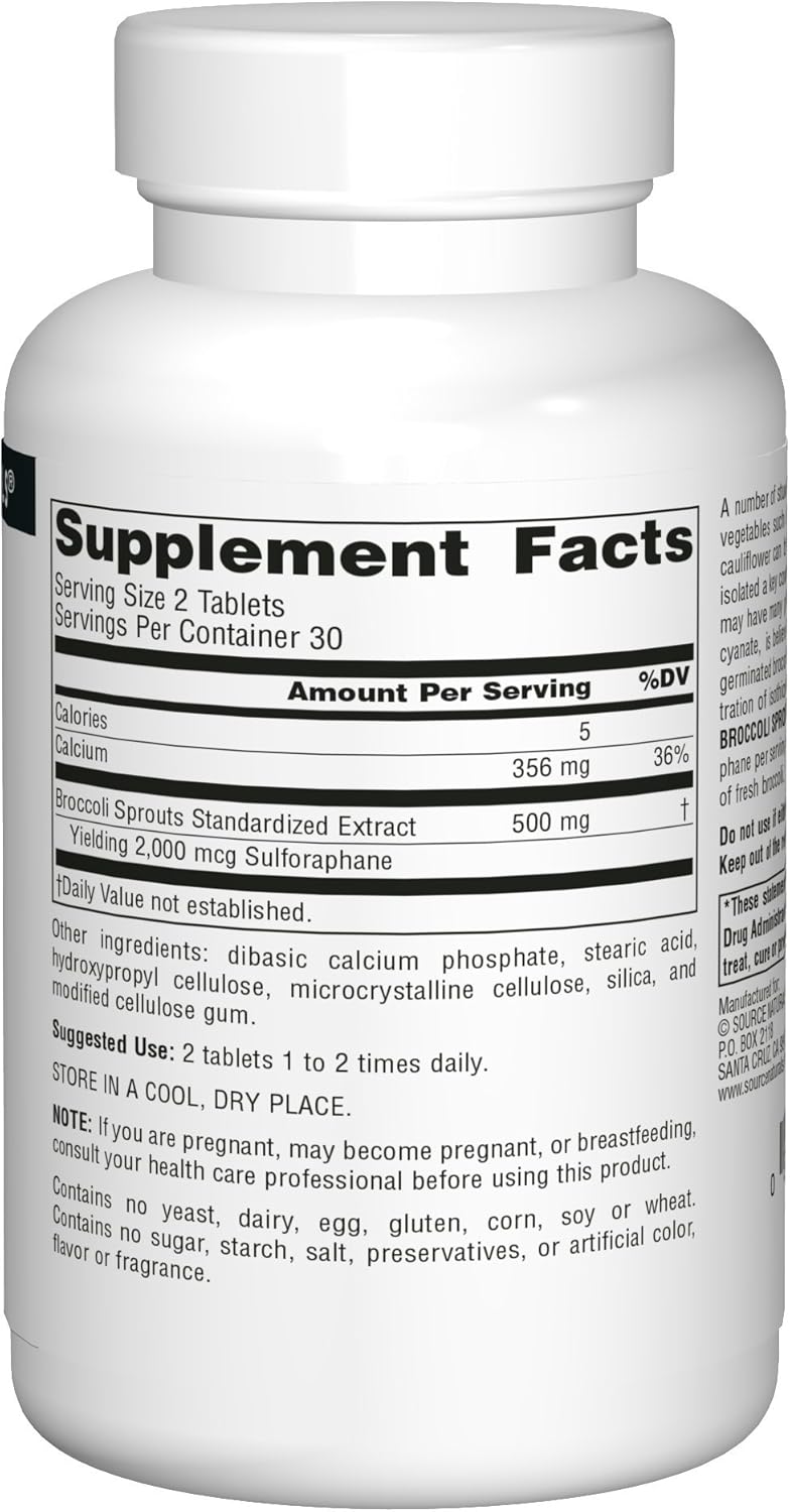 Source Naturals Broccoli Sprout Extract Tablets - 250mg Superfood Supplement with Sulforaphane, Fiber, and Calcium - 60 Count