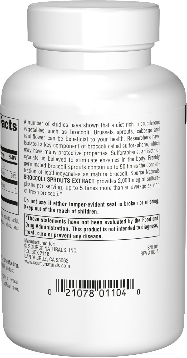 Source Naturals Broccoli Sprout Extract Tablets - 250mg Superfood Supplement with Sulforaphane, Fiber, and Calcium - 60 Count