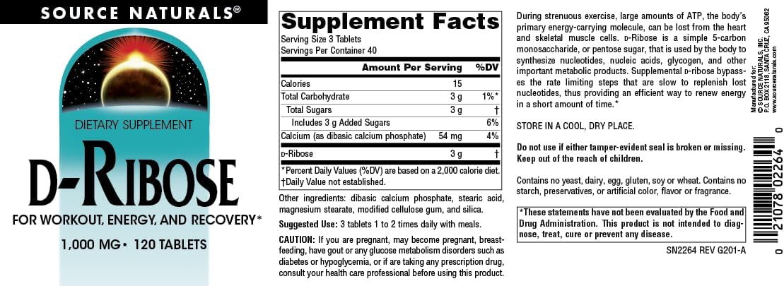Source Naturals D-Ribose Supplement for Enhanced Workout Performance and Energy Recovery - 120 Tablets