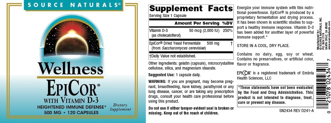 Source Naturals EpiCor with Vitamin D-3 Capsules for Stronger Immune System - 120 Count