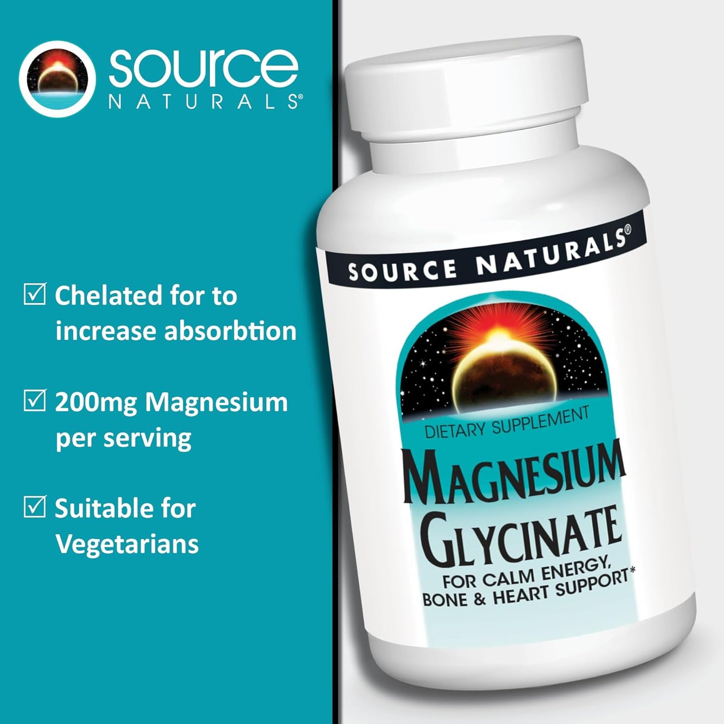 Source Naturals Magnesium Glycinate Tablets - 200mg for Calm Energy, Bone & Heart Health - 120 Count