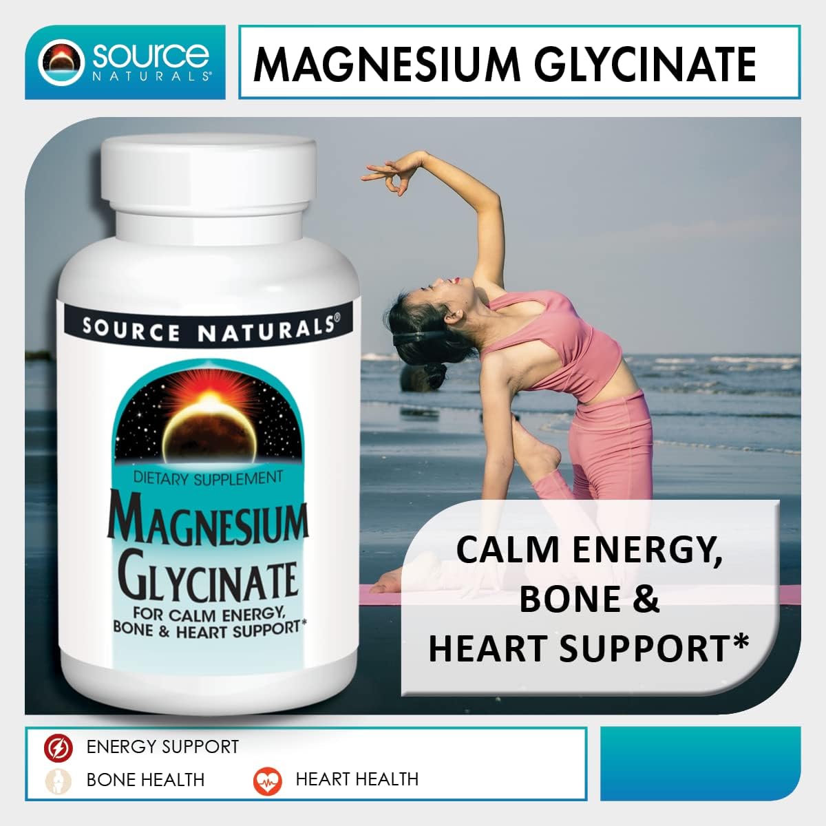 Source Naturals Magnesium Glycinate Tablets - 200mg for Calm Energy, Bone & Heart Health - 120 Count