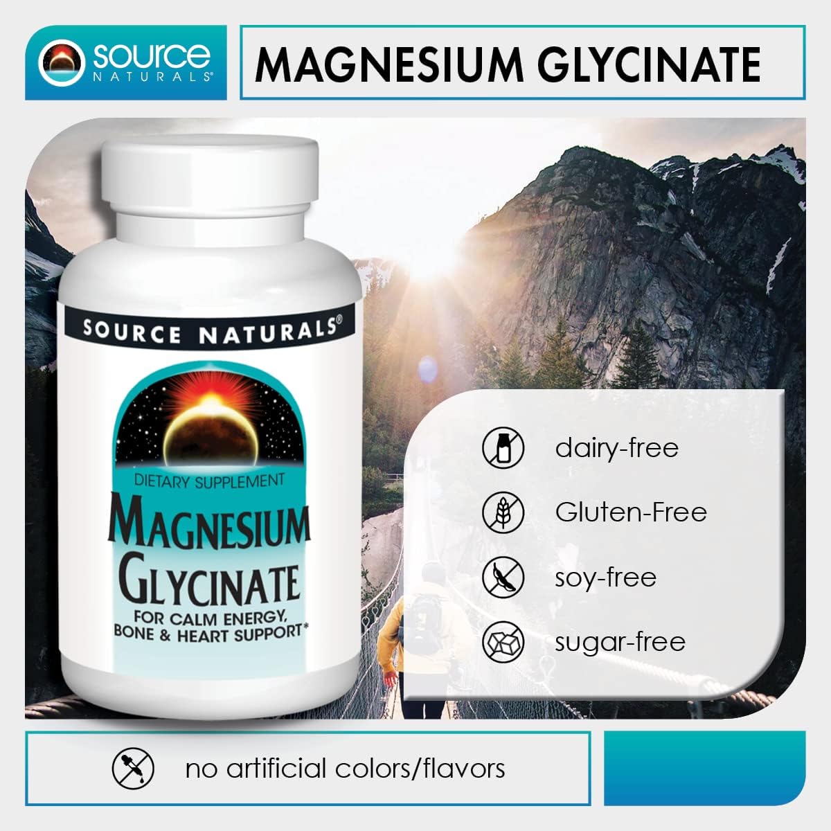 Source Naturals Magnesium Glycinate Tablets - 200mg for Calm Energy, Bone & Heart Health - 120 Count