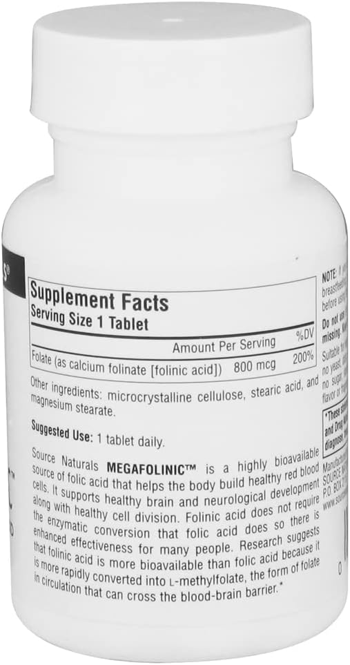 Source Naturals MegaFolinic 800mcg Folic Acid Tablets for Brain and Cell Health