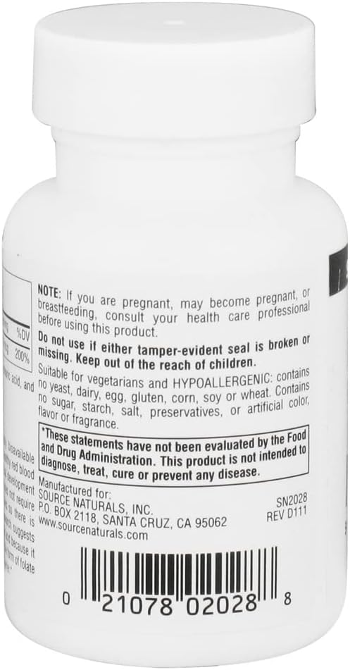 Source Naturals MegaFolinic 800mcg Folic Acid Tablets for Brain and Cell Health
