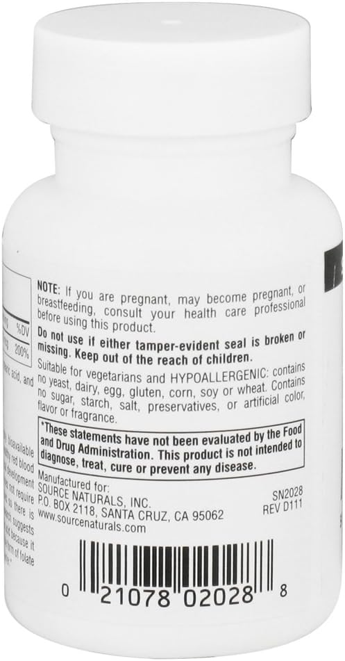 Source Naturals MegaFolinic 800mcg Folic Acid Tablets for Brain and Cell Health