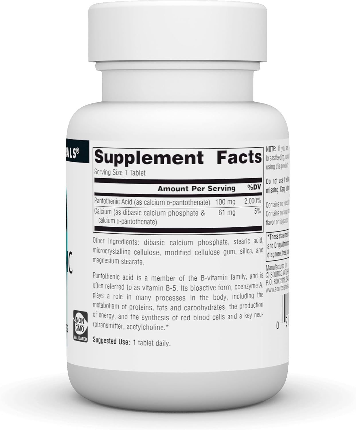 Source Naturals Pantothenic Acid 100 mg Vitamin B-5 Supplement - 100 Tablets for Daily Nutrition