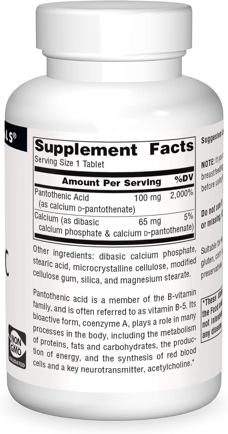 Source Naturals Pantothenic Acid 100 mg Vitamin B-5 Supplement - 250 Tablets for Overall Health and Wellness