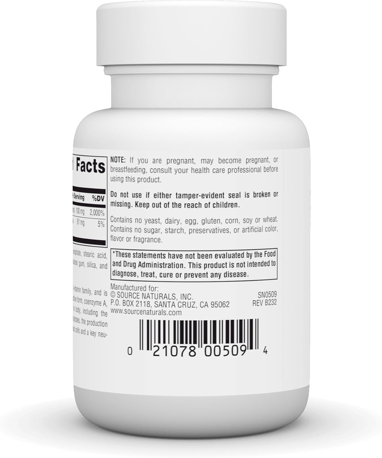 Source Naturals Pantothenic Acid 100 mg Vitamin B-5 Supplement - 100 Tablets for Daily Nutrition