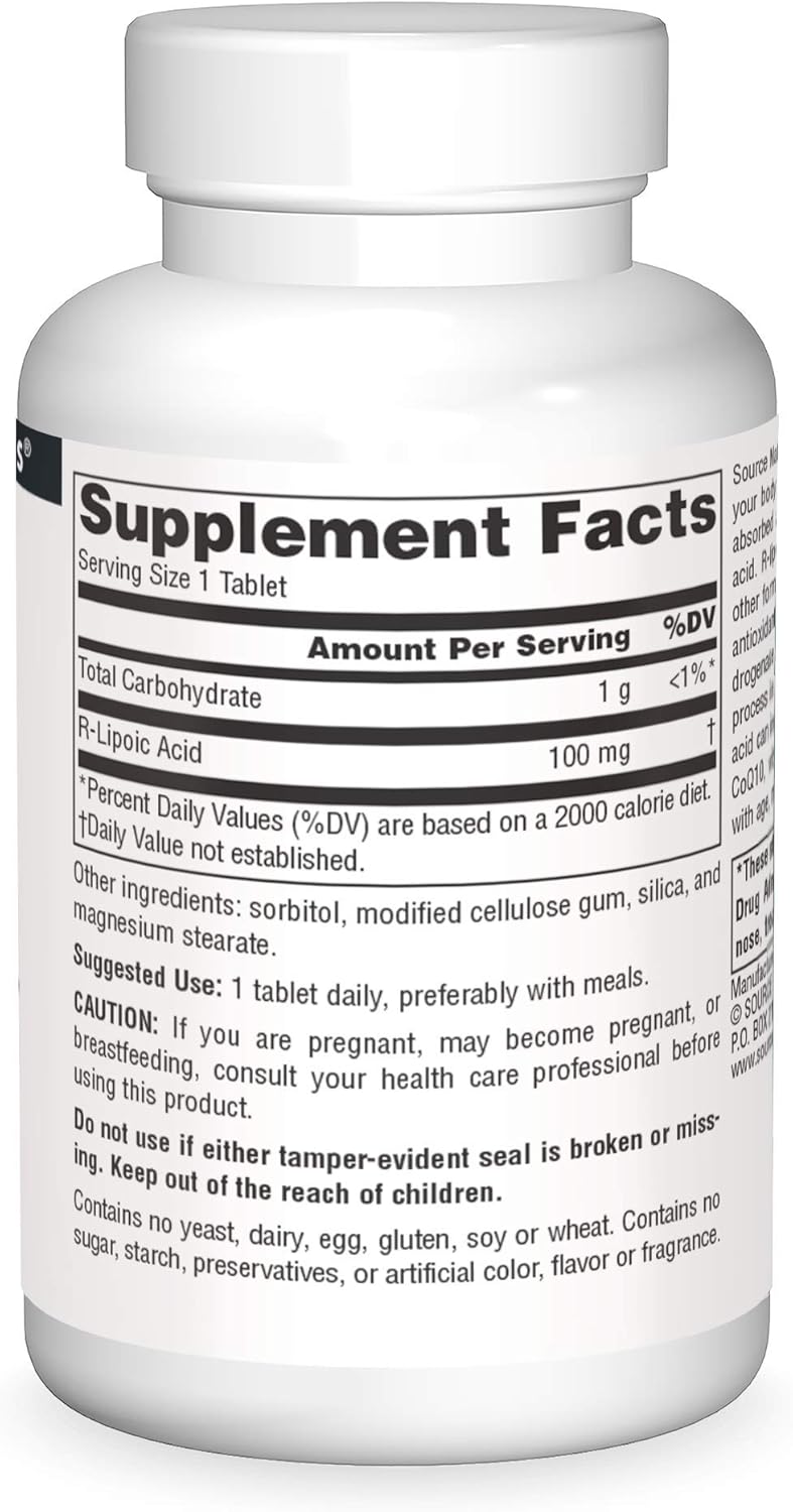 Source Naturals R-Lipoic Acid 100mg Tablets - 60 Count Bottle