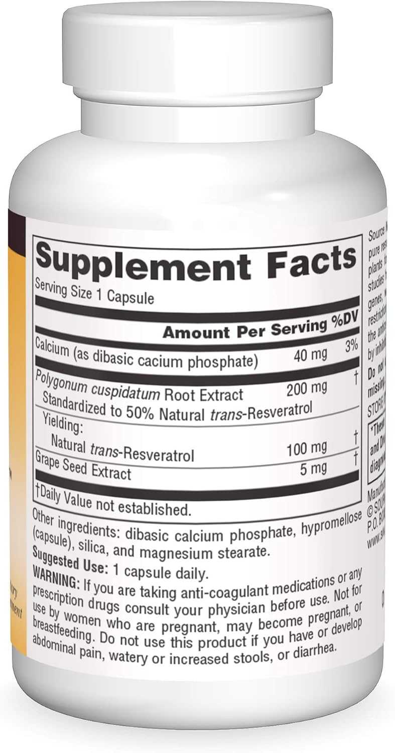 SOURCE NATURALS Resveratrol 100 Mg Capsules - 30 Vegetarian Capsules