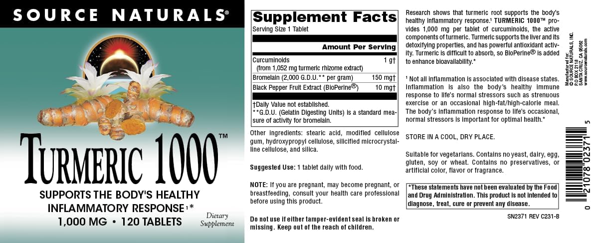 Source Naturals Turmeric 1000mg Tablets for Healthy Inflammatory Response - 120 Count