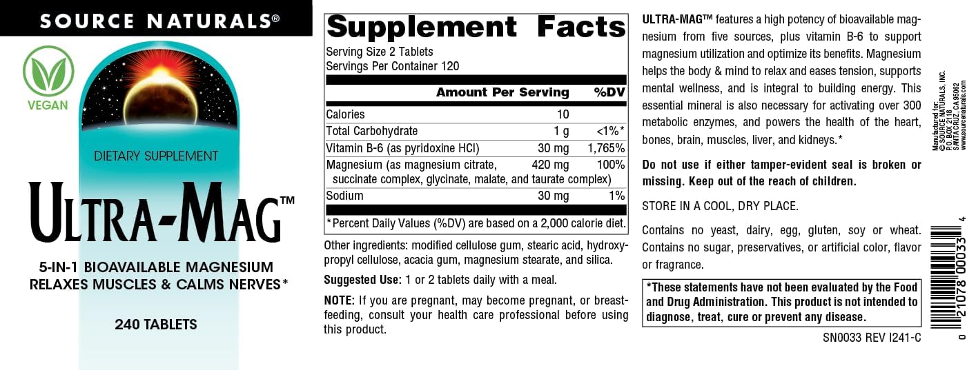 Source Naturals Ultra-Mag: 240 Vegan Tablets Bioavailable Magnesium Supplement for Muscle Relaxation and Nerve Calmness