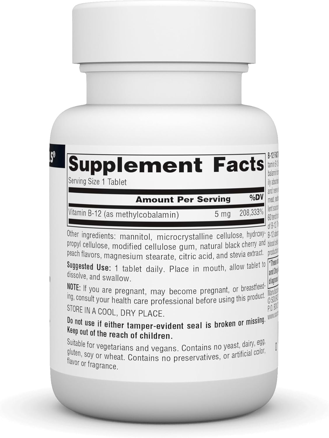 Source Naturals Vitamin B-12 5mg Fast Melt Vegan Formula for Boosting Energy Production - 60 Tablets