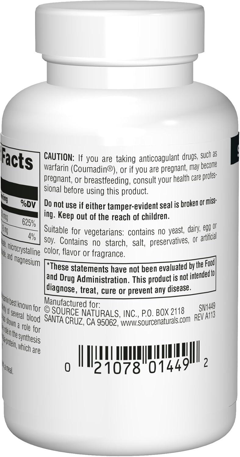 Source Naturals Vitamin K Tablets - Promotes Bone Health - 100 Count
