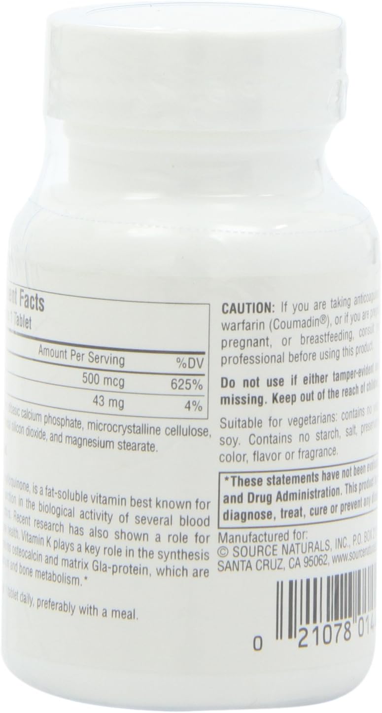 Source Naturals Vitamin K Tablets - Promotes Bone Health - 100 Count