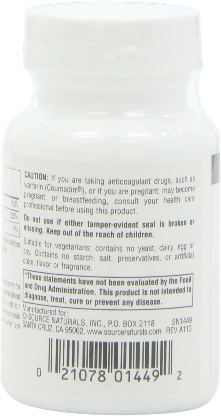 Source Naturals Vitamin K Tablets - Promotes Bone Health - 100 Count