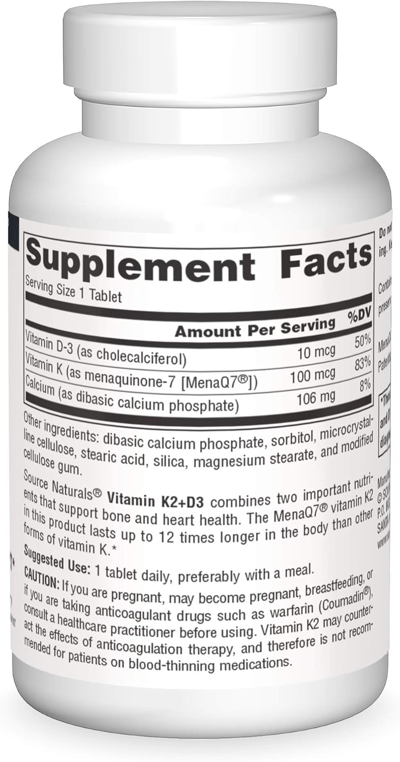 Source Naturals Vitamin K2 + D3 Complex with Calcium - 400 IU D3 & 100 mcg K2 (MK-7) - 60 Tablets for Bone & Heart Health