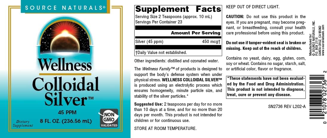 Source Naturals Wellness Colloidal Silver 45 ppm - 8 fl oz, Promotes Physical Health and Well-Being*