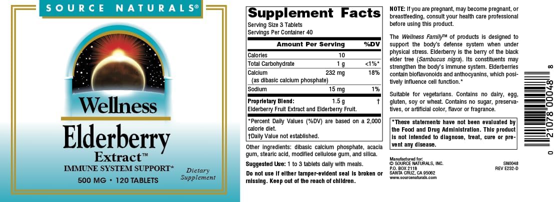 Source Naturals Wellness Elderberry Extract - 500mg, 120 Tablets for Immune System Boost