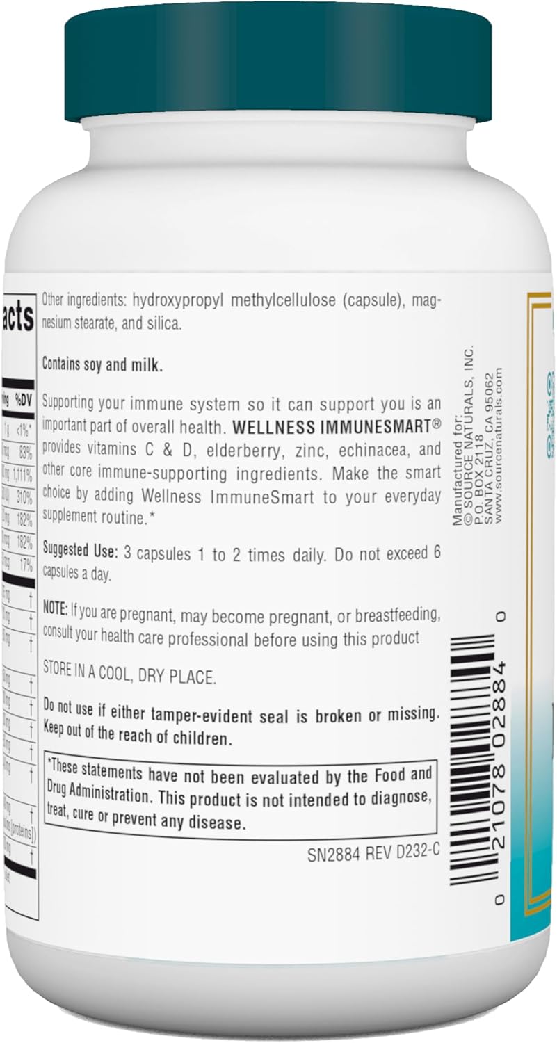 Source Naturals Wellness ImmuneSmart - Daily Immune Support Supplement with Vitamins A, C, D, Zinc, Elderberry, Echinacea - 90 Caps