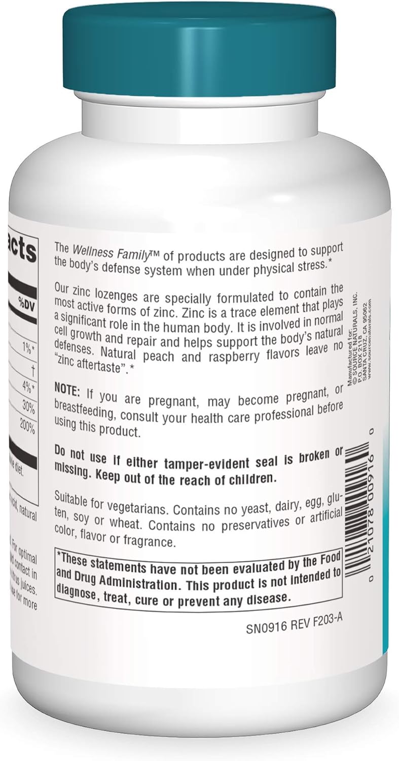 Source Naturals Wellness Zinc Lozenges, Peach-Raspberry Flavored Immune Support, 23mg - 120 Count