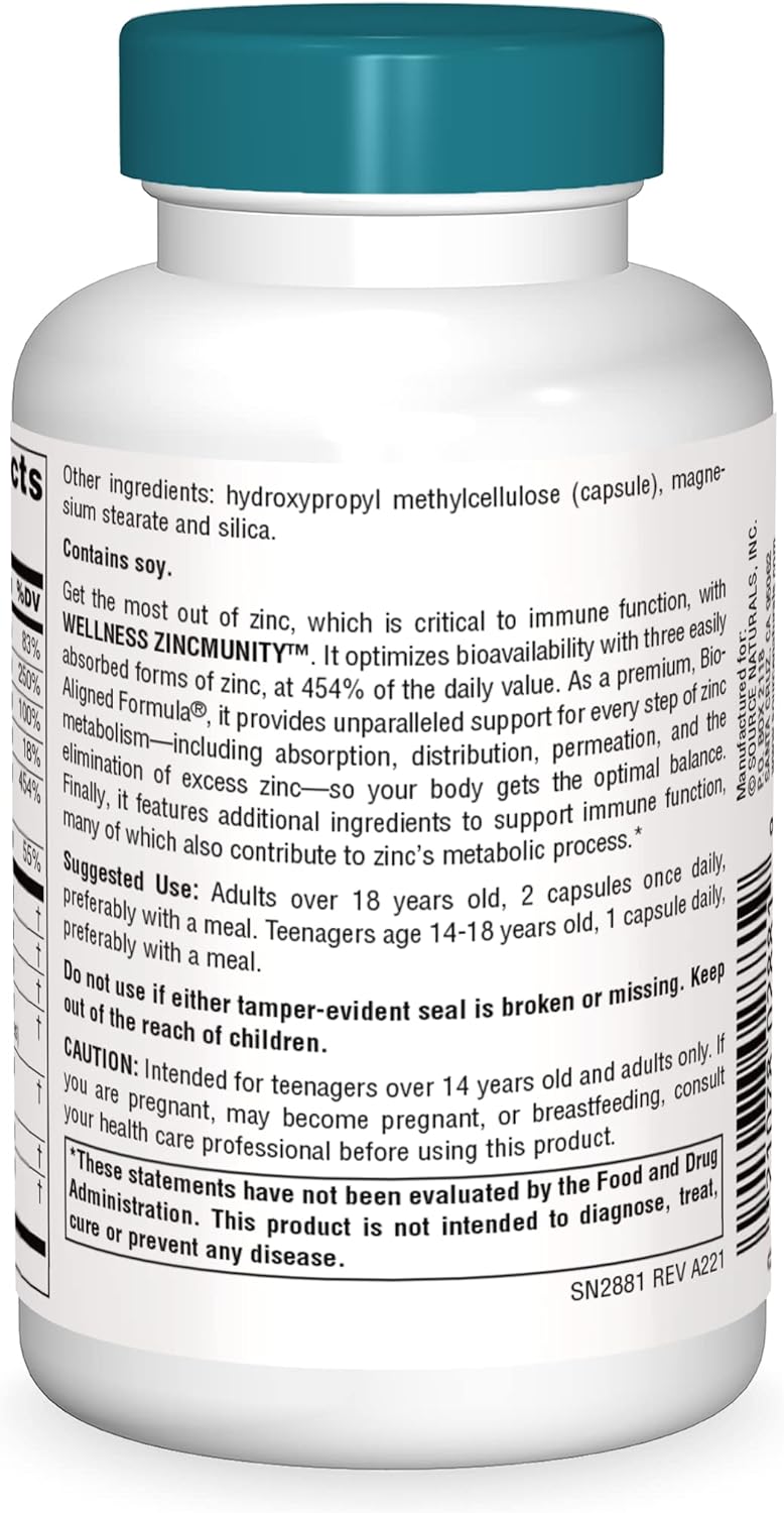 Source Naturals Wellness ZincMunity for Immune Health - 50mg Zinc, 60 Vegetarian Capsules to Boost Absorption and Metabolism