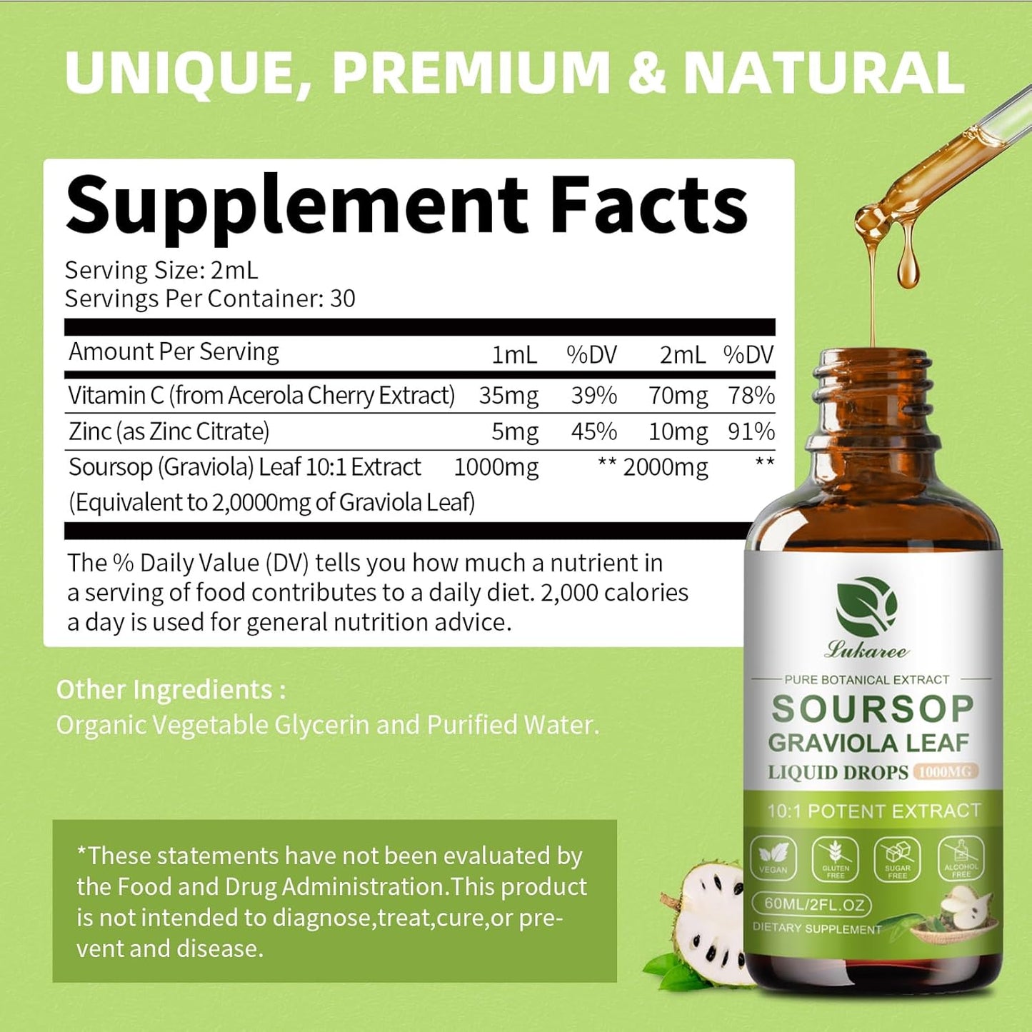 Soursop Bitters Liquid: Cell Support, Antioxidant, Immune Boost - 1 Month Supply - Gluten-Free, Sugar-Free - 2 FL OZ