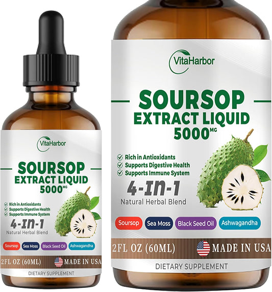 Soursop Bitters Liquid with Sea Moss, Black Seed Oil, & Ashwagandha - Immune & Digestive Support - 2 Fl oz Vegan Formula