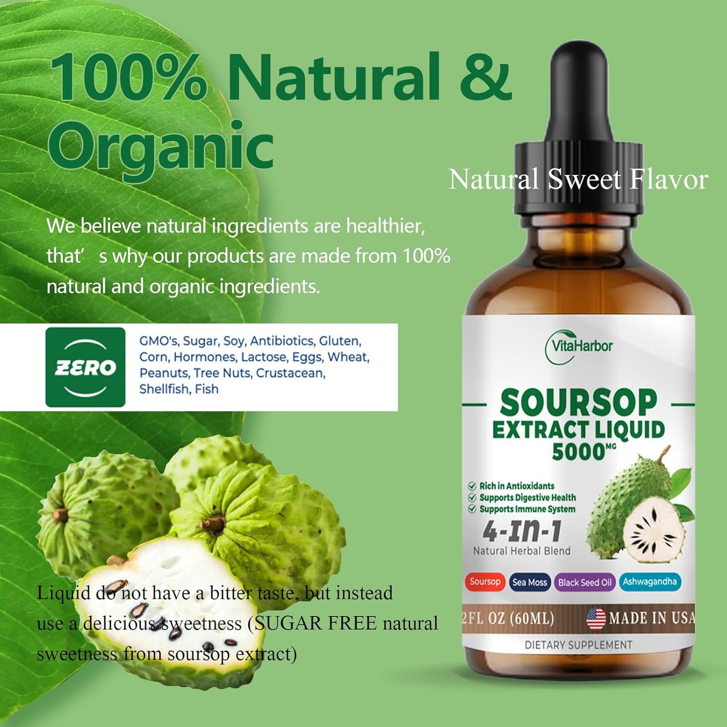 Soursop Bitters Liquid with Sea Moss, Black Seed Oil, & Ashwagandha - Immune & Digestive Support - 2 Fl oz Vegan Formula