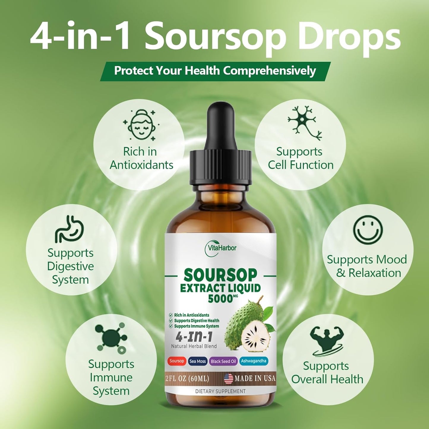 Soursop Bitters Liquid with Sea Moss, Black Seed Oil, & Ashwagandha - Immune & Digestive Support - 2 Fl oz Vegan Formula