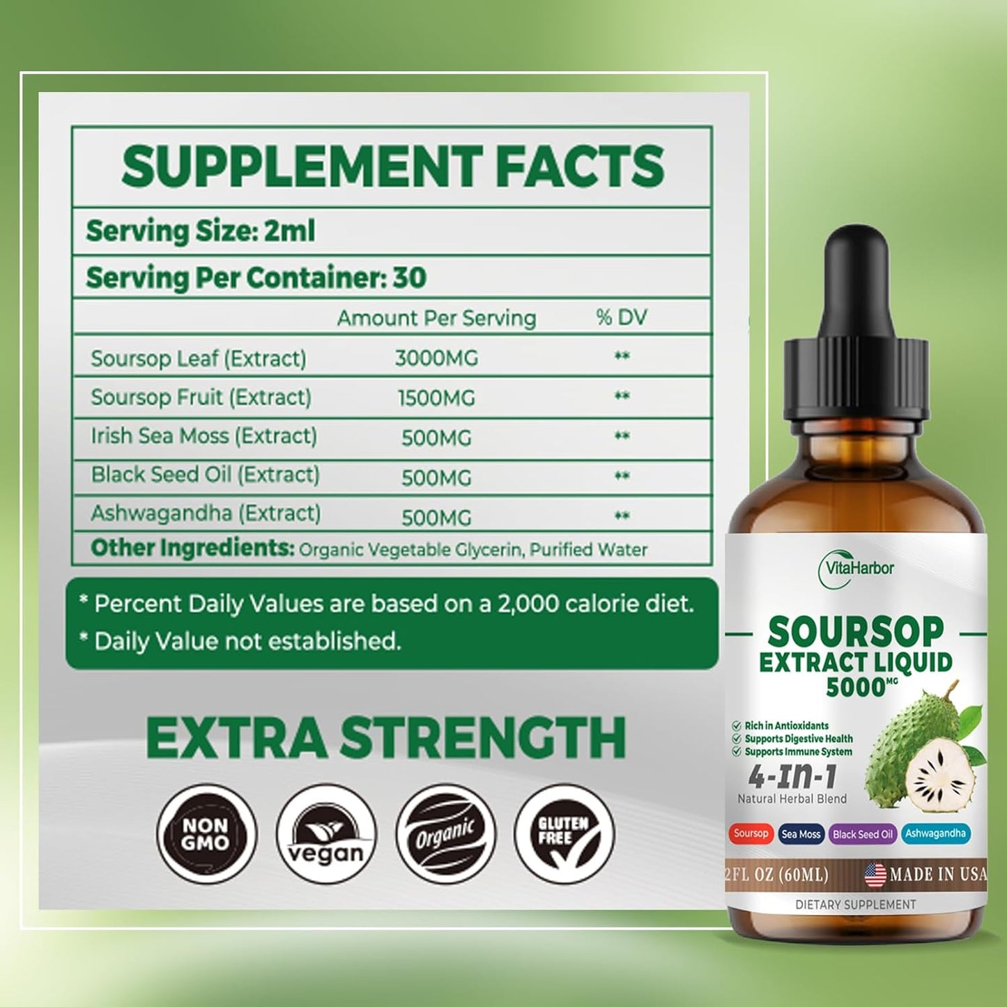 Soursop Bitters Liquid with Sea Moss, Black Seed Oil, & Ashwagandha - Immune & Digestive Support - 2 Fl oz Vegan Formula