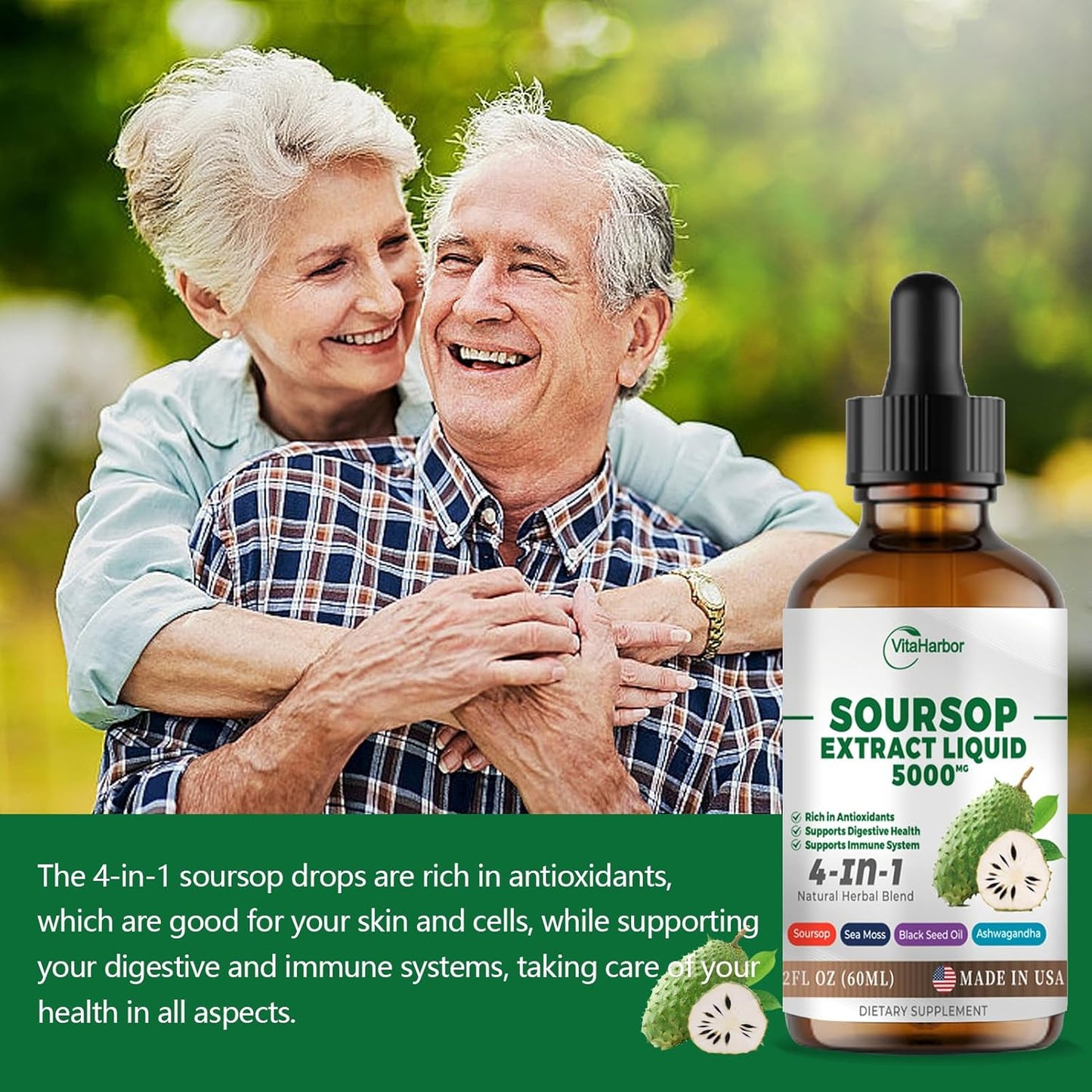 Soursop Bitters Liquid with Sea Moss, Black Seed Oil, & Ashwagandha - Immune & Digestive Support - 2 Fl oz Vegan Formula