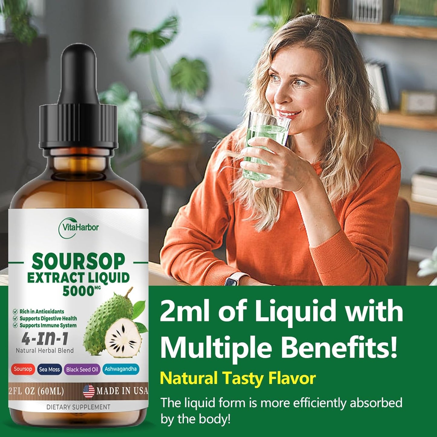 Soursop Bitters Liquid with Sea Moss, Black Seed Oil, & Ashwagandha - Immune & Digestive Support - 2 Fl oz Vegan Formula