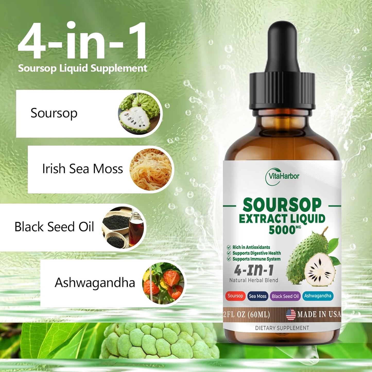Soursop Bitters Liquid with Sea Moss, Black Seed Oil, & Ashwagandha - Immune & Digestive Support - 2 Fl oz Vegan Formula