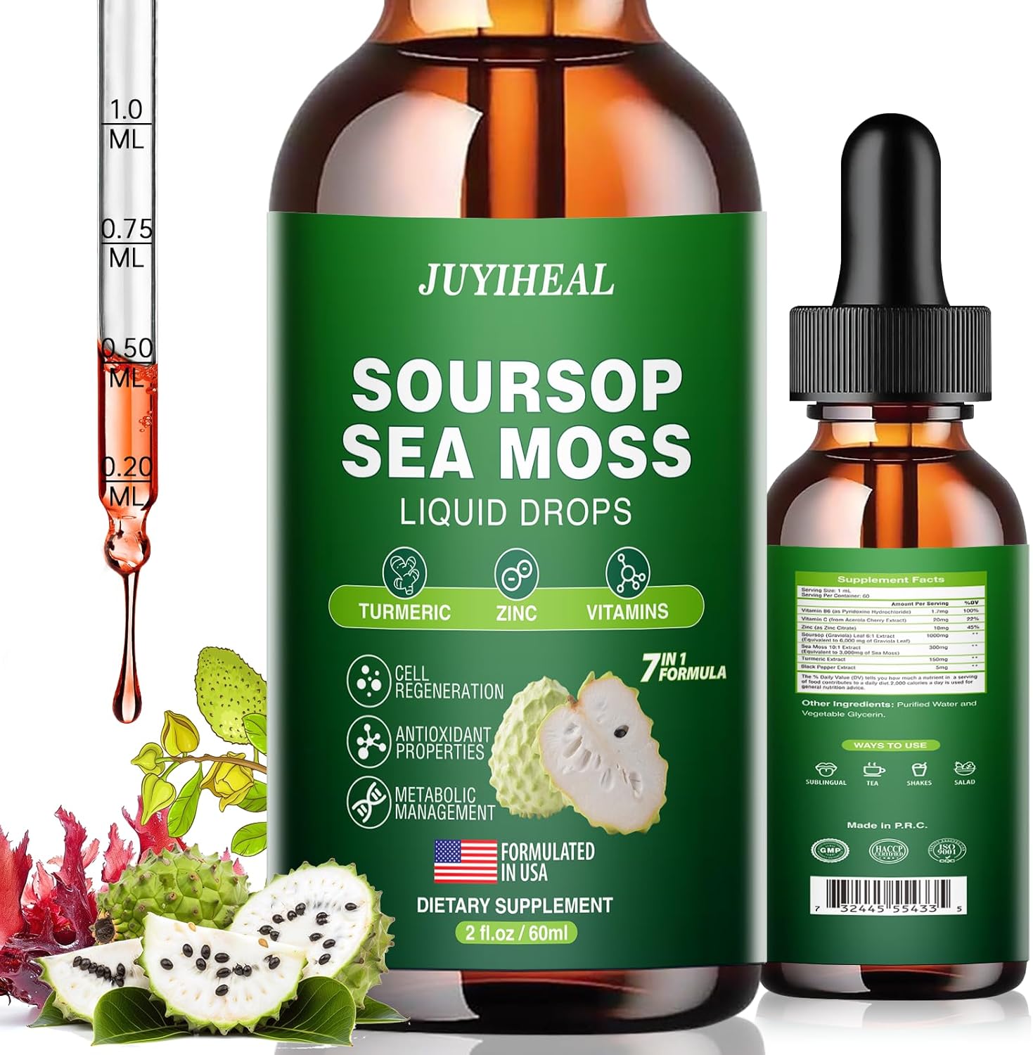 Soursop Bitters Liquid with Sea Moss, Turmeric, Vitamin - Immune & Digestive Support - Vegan, Non-GMO, Sugar-Free (2 Fl oz) - BoostGo Australia