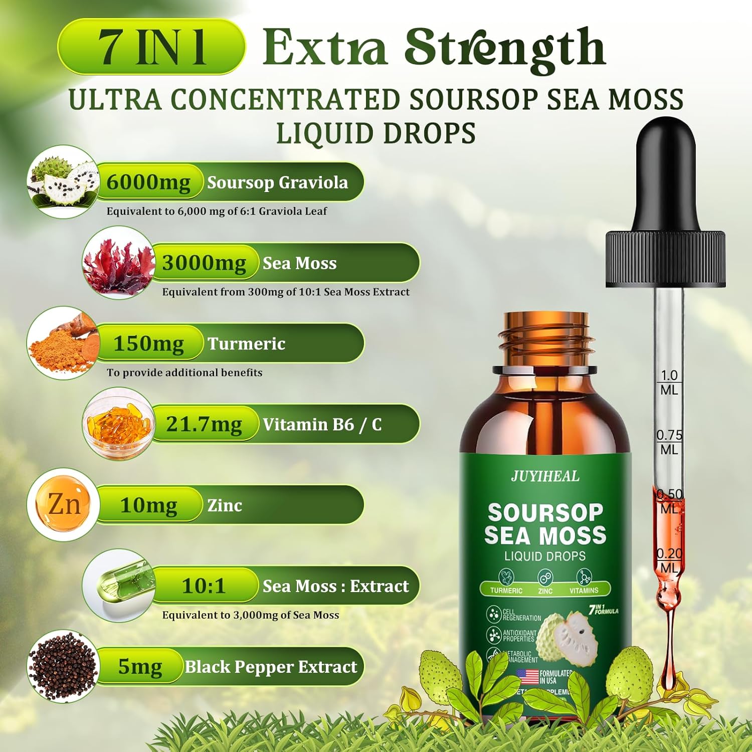 Soursop Bitters Liquid with Sea Moss, Turmeric, Vitamin - Immune & Digestive Support - Vegan, Non-GMO, Sugar-Free (2 Fl oz) - BoostGo Australia