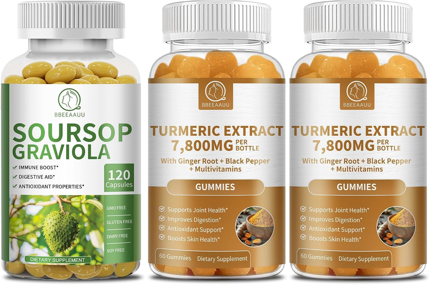 Soursop Graviola Capsules and Turmeric Gummies by BBEEAAUU - Natural Supplements for Health and Wellness