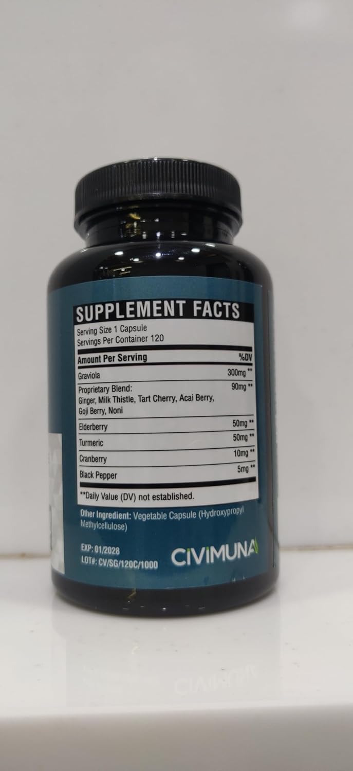 Soursop Graviola Extract Capsules with Elderberry, Turmeric, Ginger, Milk Thistle - 120 Capsules for 4 Months Supply