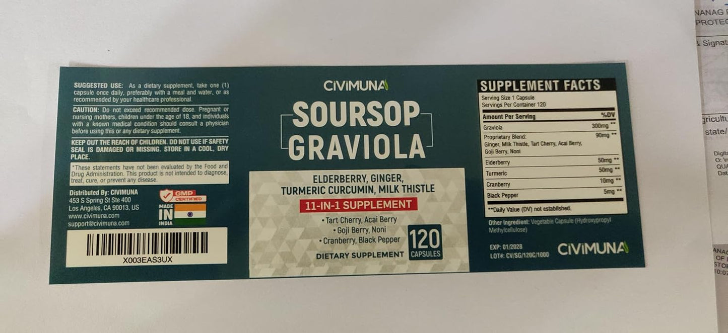 Soursop Graviola Extract Capsules with Elderberry, Turmeric, Ginger, Milk Thistle - 120 Capsules for 4 Months Supply