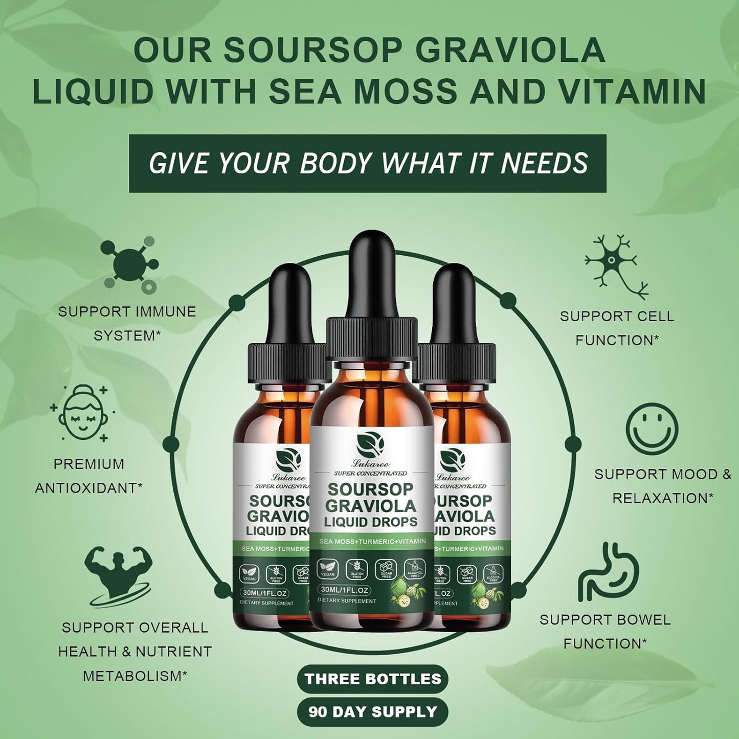 Soursop Graviola Leaf Extract Liquid Drops with Sea Moss for Immune Support & Antioxidants - 90 Day Supply, 1 Fl Oz