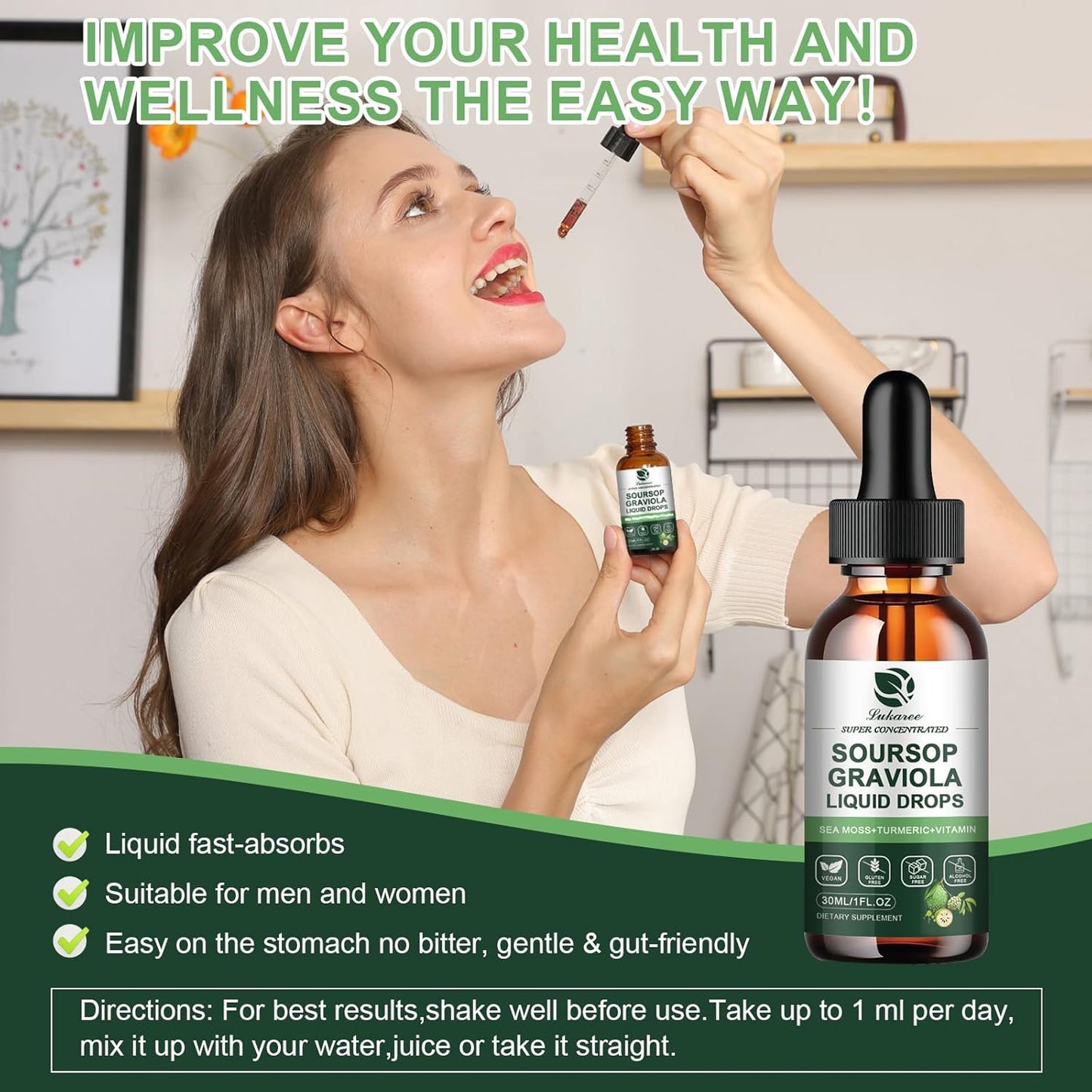 Soursop Graviola Leaf Extract Liquid Drops with Sea Moss for Immune Support & Antioxidants - 90 Day Supply, 1 Fl Oz
