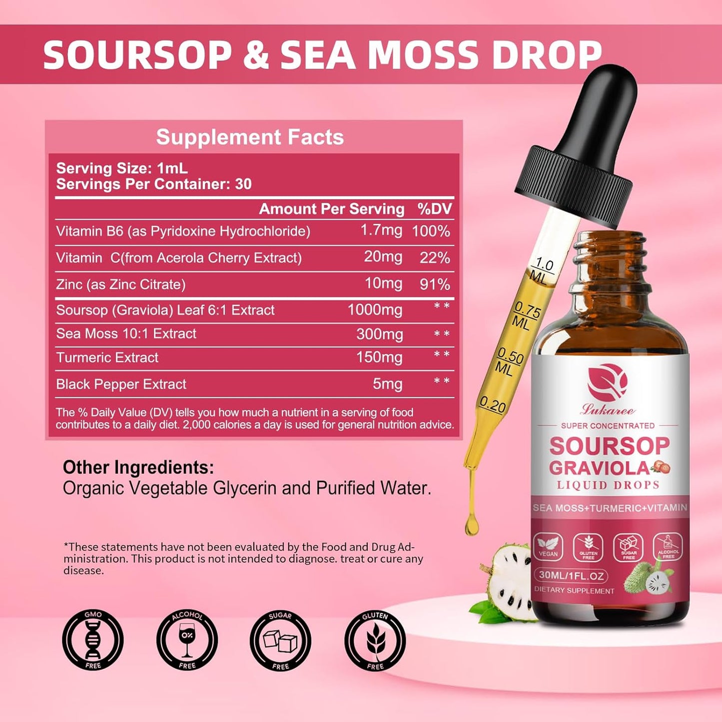 Soursop Graviola Leaf Extract Liquid Drops with Sea Moss for Cell Support & Regeneration - Immunity & Antioxidant Booster (2 Pack)